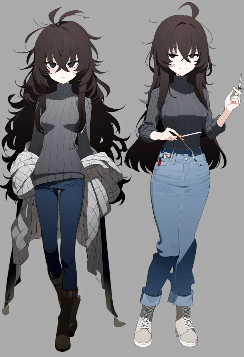 One Woman,Downer,older sister,Concept Art,Dark brown hair,Straight hair with slight inward curls,Staring eyes,Eye Ridge,black eye,Crossed bangs,whole body,smile,Slightly larger ,Gray background,Bangs that reach down to the eyes,Messy hair,Tight dark jeans,Gray turtleneck sweater,Multiple views of the same character,Character Design,Dark circles under the eyes,Bad look,Listless,Sloppy,Silver Jewelry,Cafe staff,Holding a cigarette,whole bodyCharacter Design,Detailed hands,Height: 170cm,boots,fleshy,