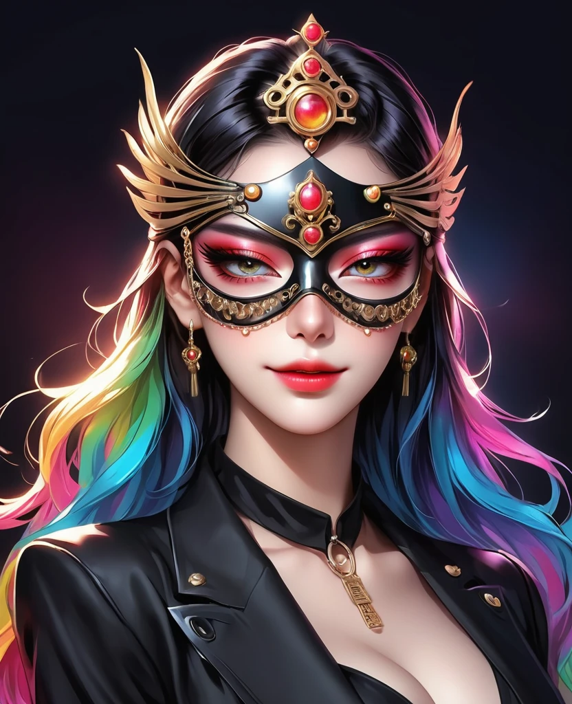 (Digital Illustration,Detailed anime style,Heavy Metal Cyberpunk,Pearl tassel eye mask,Girl wearing metal hollow mask eyepatch,Queen aura,out a hand,Solitary,symmetry),(Big colorful eyes,Fashionable and exquisite facial features,Exquisite makeup,Smooth skin,Smile,Soulful gaze,),(Hair Bunch),(Black suit,Epaulettes-Chain,cool,),(((Correct human anatomy))),Radioactive geometric dynamic light wave background