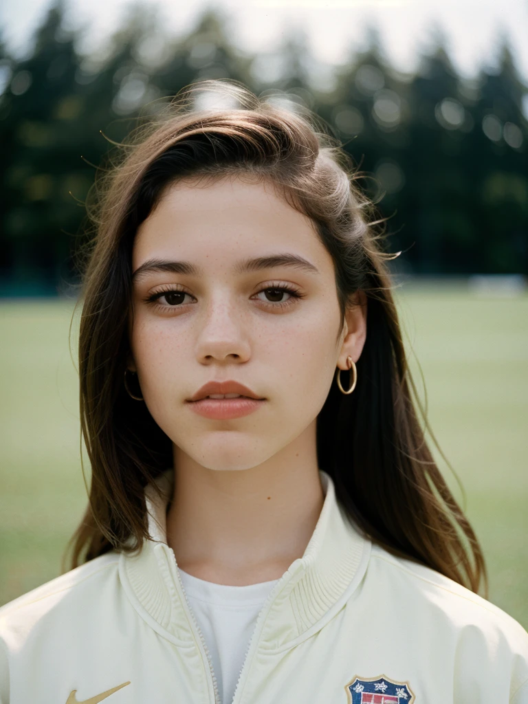 Minimalist and elegant photography, 1990s, (beautiful) model wearing an American soccer jacket, high school background, natural lighting, chaos, minimalist, close-up portrait photo (taken with Portra 400).