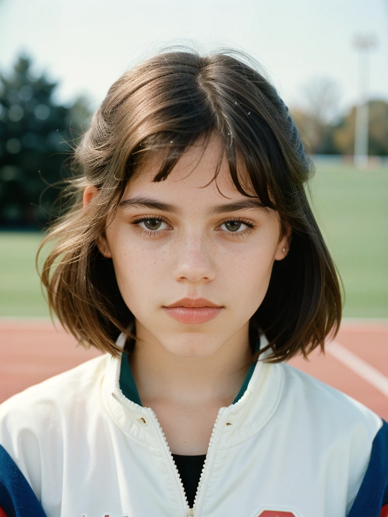 Minimalist and elegant photography, 1990s, (beautiful) model wearing an American soccer jacket, high school background, natural lighting, chaos, minimalist, close-up portrait photo (taken with Portra 400).