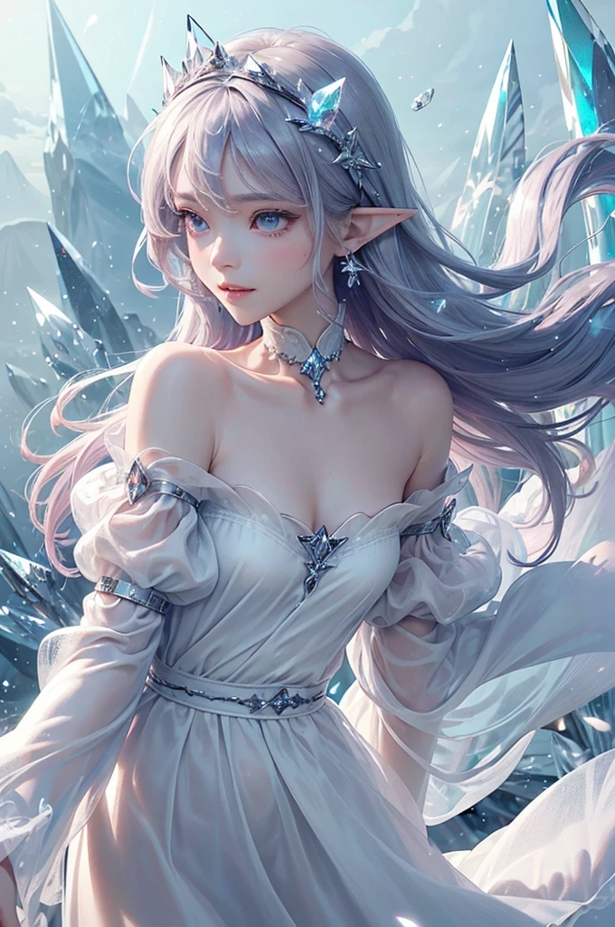 (masterpiece、Highest品質、Highest、Official Art、Beautiful and aesthetic、Long Exposure:1.2)、Smooth movement、Attractive patterns、One Girl、(Long dress with sleeves:1.3)、(((White clothes)))、Upper body close-up、Exposing shoulders、Korean Girls、smile、Light purple long hair、Portraiture、solo、Upper body、Looking at the observer、Detailed Background、Detailed face、(Crystallized AI、Crystal Theme:1.1)、Elemental Wind Elf、回転Wind、 Wind、White crystal clothes、Off the shoulder、Dynamic pose、Suspended particles、Aether Dynamics、旋Wind、vapor、背景に旋Wind、White Tone、旋Wind、Ethereal atmosphere、
