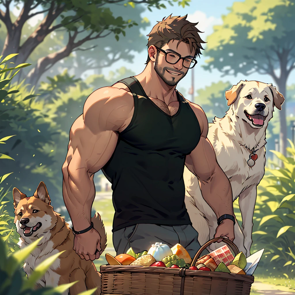 a man with a dark blond beard , a golden retriever dog walking near him, the man wearing glasses, green tanktop,white short in a park, the man carrying a picnic basket , the high well detailed, face focus, happy smile, happy dog, heart-warming, seen from the front to side