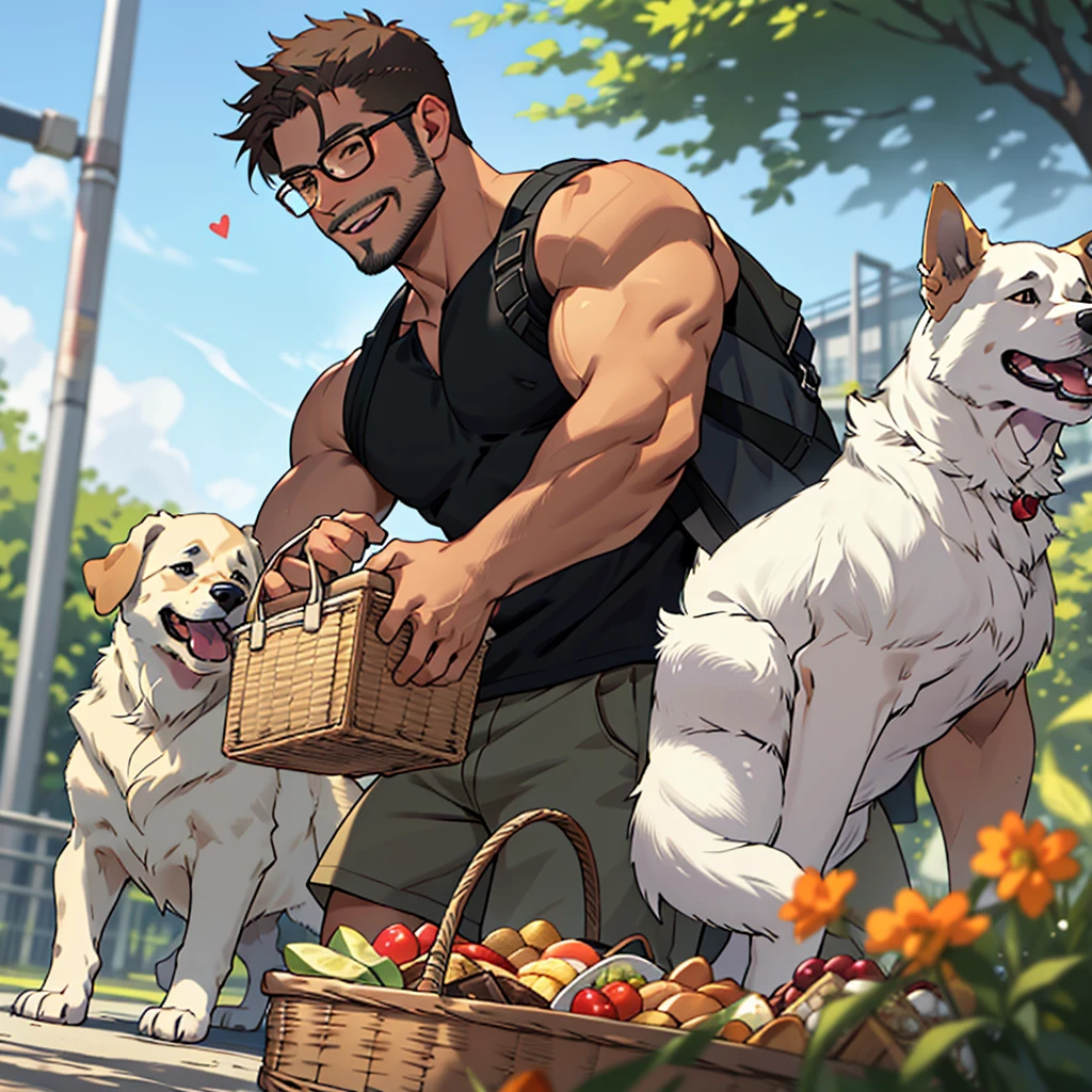 a man with a dark blond beard , a golden retriever dog walking near him, the man wearing glasses, green tanktop,white short in a park, the man carrying a picnic basket , the high well detailed, face focus, happy smile, happy dog, heart-warming, seen from the front to side