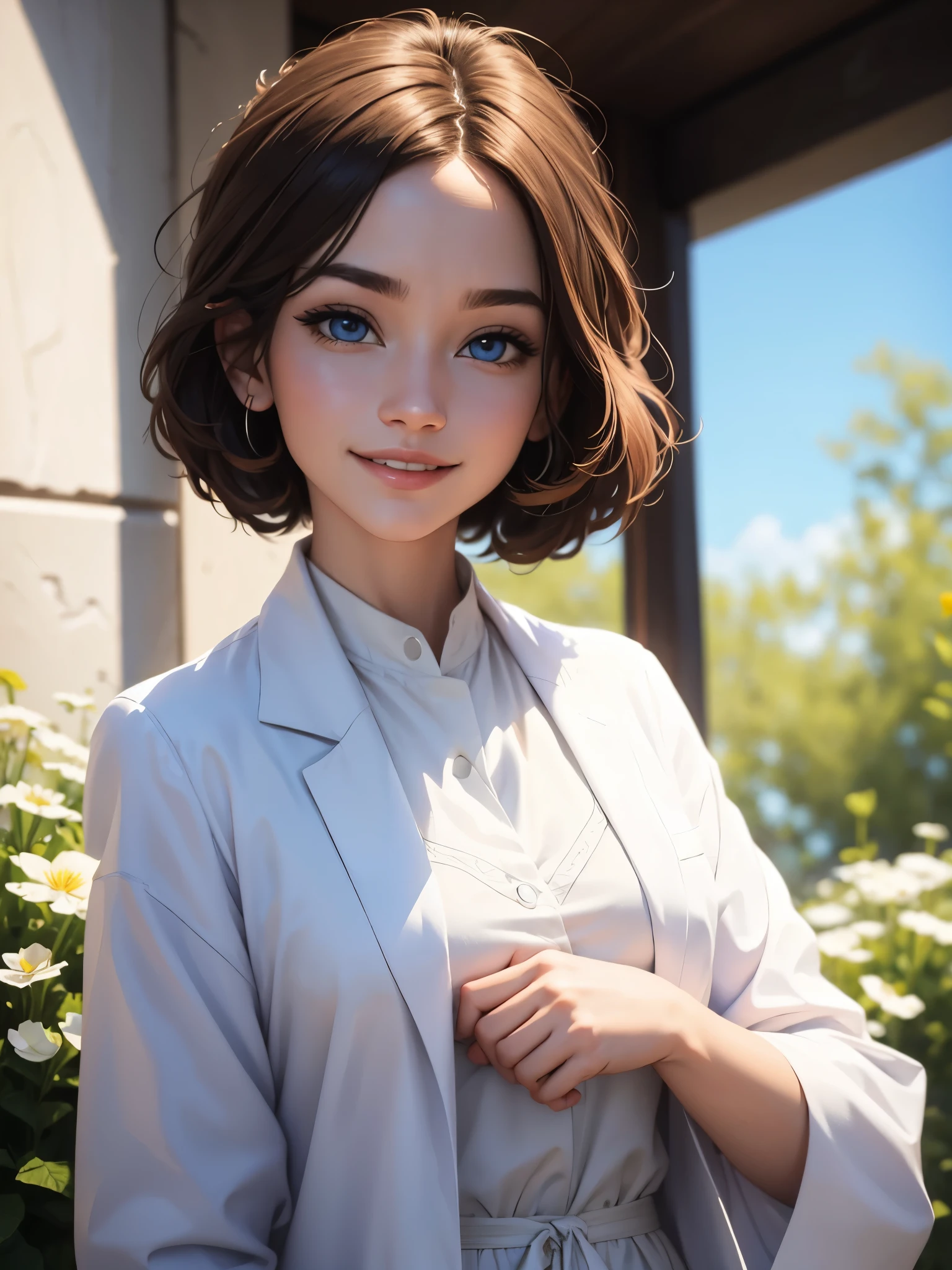 beautiful humanization of medicine, noble young smiling woman in a white medical coat, brown hair, huge light blue eyes full of kindness and happiness, blooming flowers, colors of shadows and light, color scheme, expressive careful detailed drawing, super detailed, delicate natural shades, shine, natural surroundings, beauty, good angle, double exposure, depth, sharpness, captivating haze