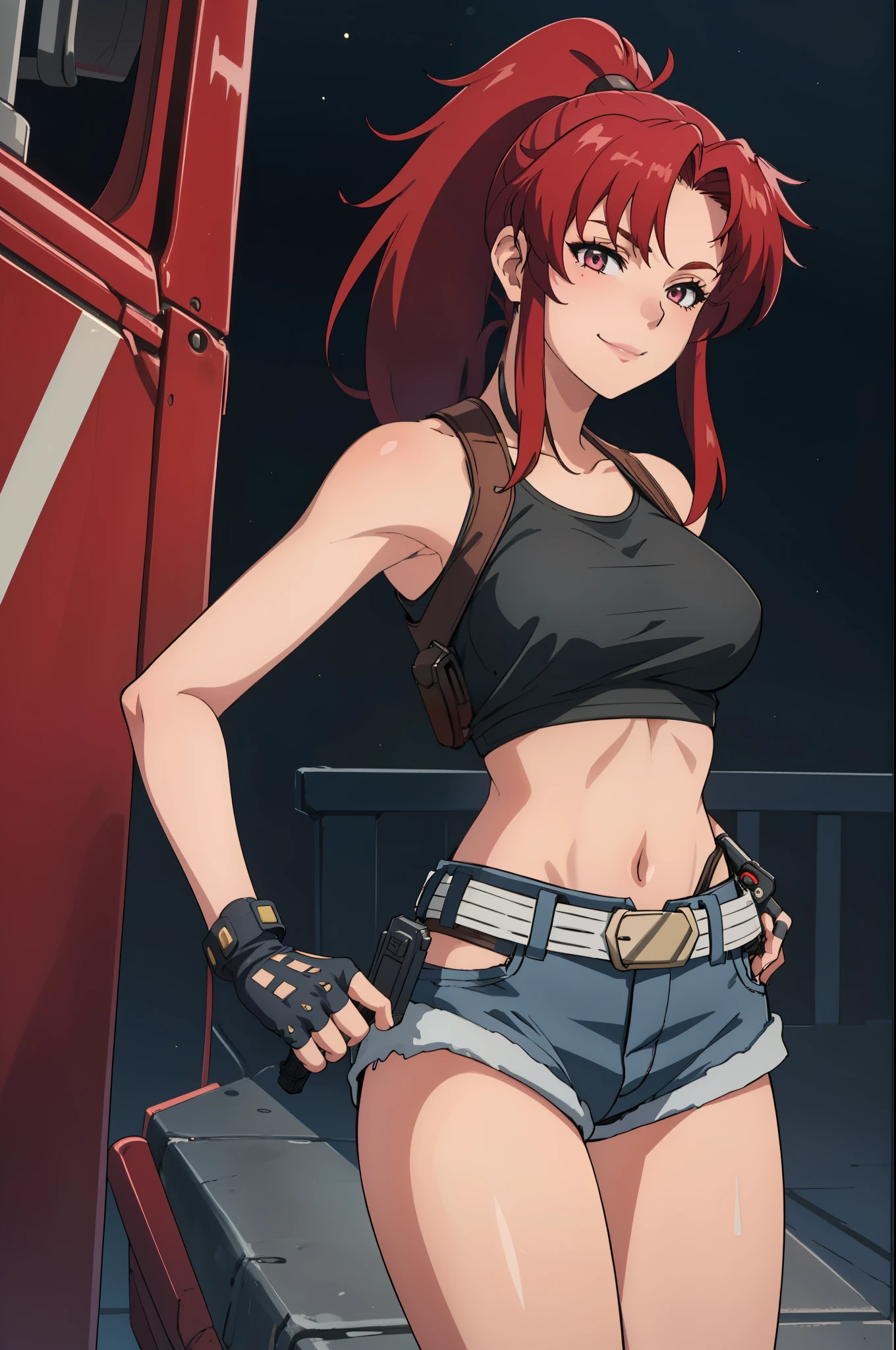 1girl, cute, sexy, red hair, cowboy shot, solo, revy, evil smile, holding gun, handgun, pistol, ponytail, tank top, fingerless gloves, denim shorts, holster, belt, newest