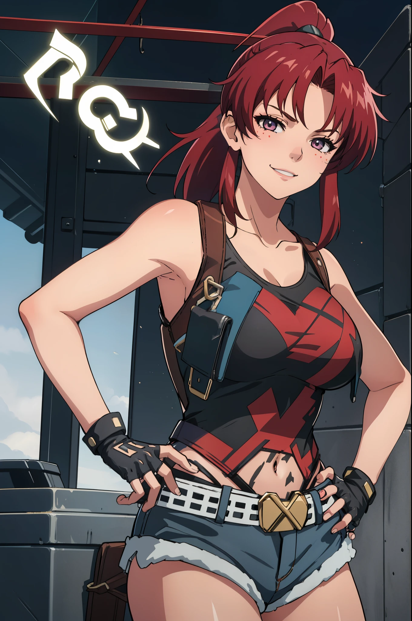 1girl, cute, sexy, red hair, cowboy shot, solo, revy, evil smile, holding gun, handgun, pistol, ponytail, tank top, fingerless gloves, denim shorts, holster, belt, newest