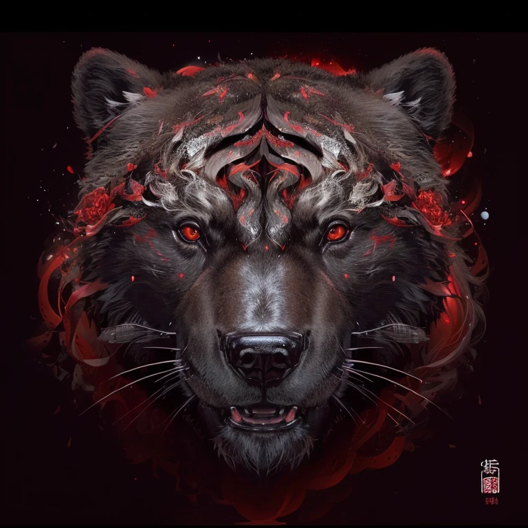 Bear with red eyes on black background, ((Bear)), sacred Bear, Sakimi, cosmic Bear, Bear_beast, Very detailed and hypnotic, 高度精细的number艺术work, Bear head, Bear face, number highly detailed, number | complex, a Bear, 精美的number艺术,Rich in details, Bear, 高度精细的number艺术