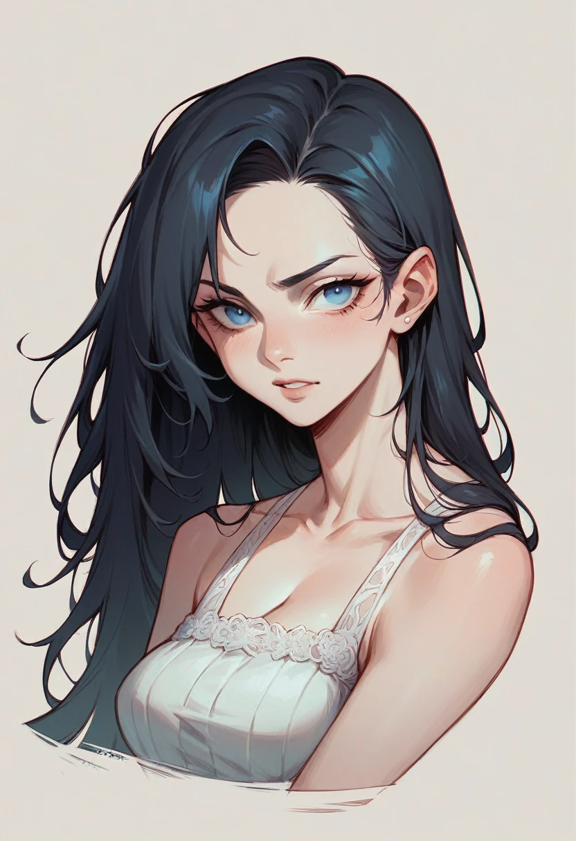 woman with long black hair and grayish blue eyes