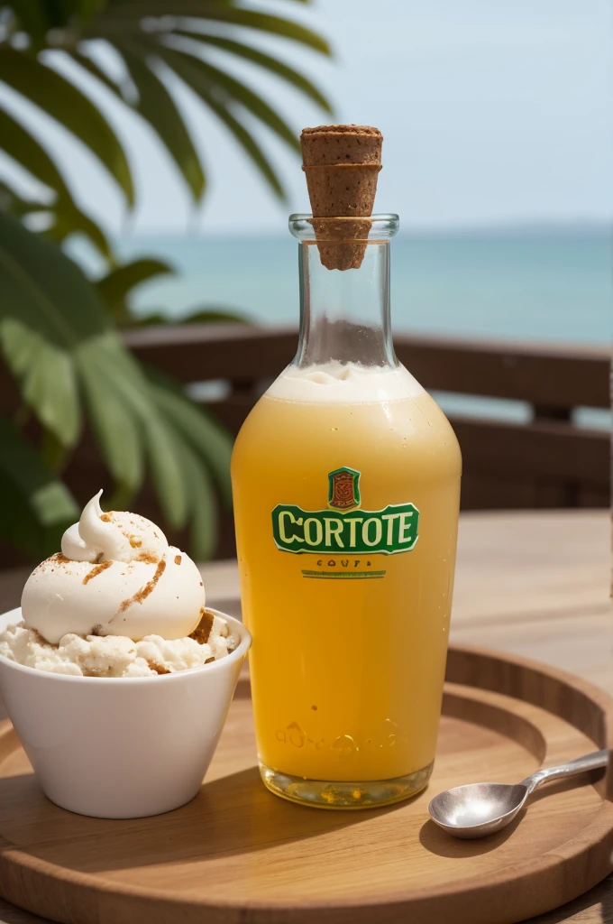 small bottle of cachaça from the COROTE brand, ela precisa ter sorvete de flocos no interior, and a bowl of ice cream next to the bottle