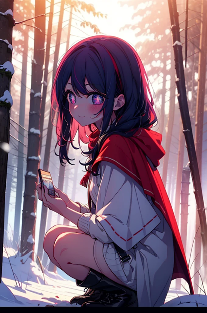 aihoshino, ai hoshino, Long Hair, bangs, (Purple eyes:1.1), Purple Hair, (Symbol-shaped pupil:1.5), smile,,smile,blush,White Breath,
Open your mouth,snow,Ground bonfire, Outdoor, boots, snowing, From the side, wood, suitcase, Cape, Blurred, , forest, White handbag, nature, Squat, Mouth closed, Cape, winter, Written boundary depth, Black shoes, red Cape break looking at viewer, Upper Body, whole body, break Outdoor, forest, nature, break (masterpiece:1.2), Highest quality, High resolution, unity 8k wallpaper, (shape:0.8), (Beautiful and beautiful eyes:1.6), Highly detailed face, Perfect lighting, Extremely detailed CG, (Perfect hands, Perfect Anatomy),