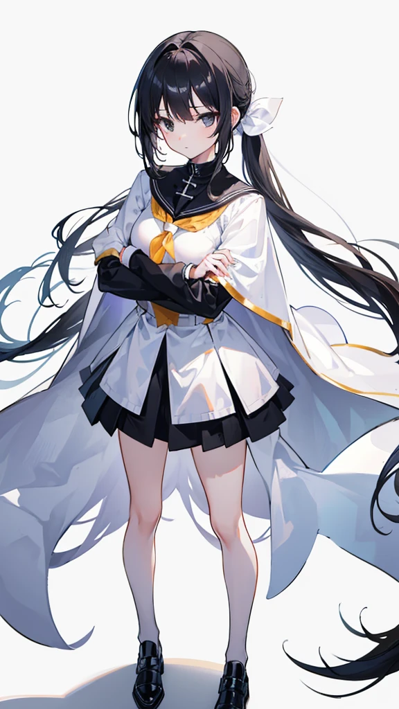solo,Girl,Lady standing posture,White cape,Black eyes,White long hair,Black leather shoes,Low ponytail hairstyle,Golden school uniform,Cross your arms,White background,A cold look