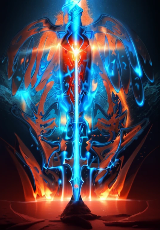 A holy long sword, blue orange and red, holy luminesvebt glyphs, in bottom of ocean, fire aura, beautiful decourations, insane details, 8k, uhd, photorealistic,Raw photo,high quality,16k resolution,vivid colors, with luminescent effects