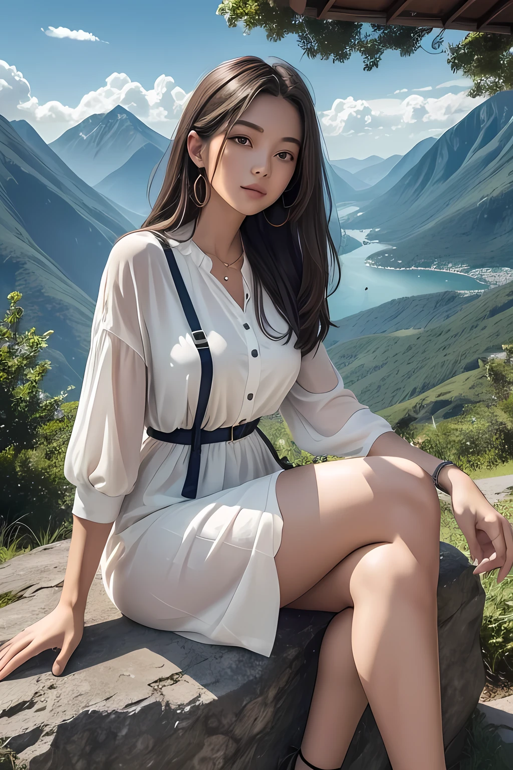 A scenic view of a mountain with a beautiful woman sitting in the foreground. The mountain is lush with greenery, and the sky above is clear with a few clouds. The woman is wearing casual yet stylish clothing, and she is sitting on a rock or a bench, looking relaxed and content. The overall atmosphere is serene and picturesque
"size": "512x762" "HD"