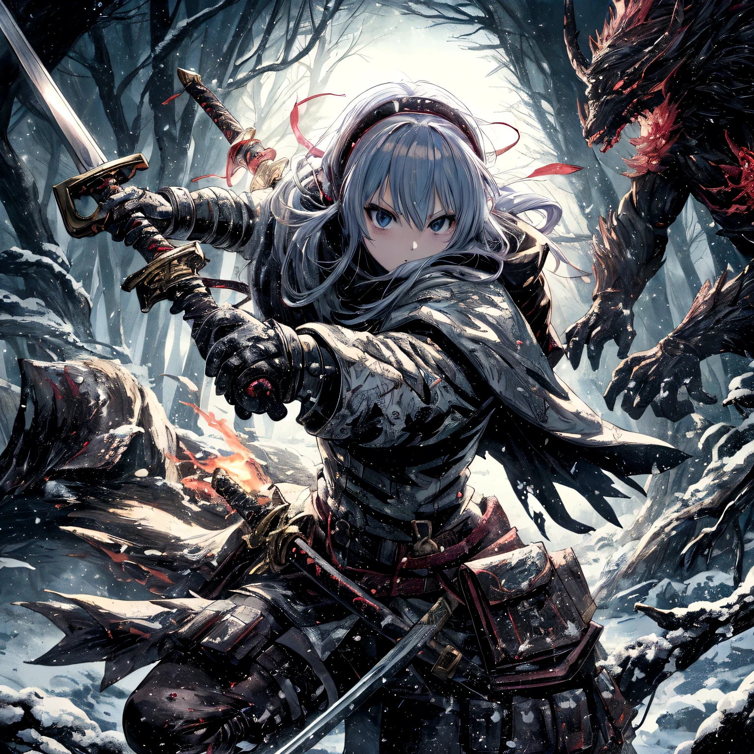 anime, Woman with sword and demon in snowy forest, badass anime 8 k, anime epic artwork, anime art wallpaper 4k, anime art wallpaper 4 k, anime fantasy artwork, anime art wallpaper 8 k, 4K Manga Wallpapers, anime fantasy illustration, anime wallpaper 4k, anime wallpaper 4 k, 4k anime wallpaper, epic anime fantasy