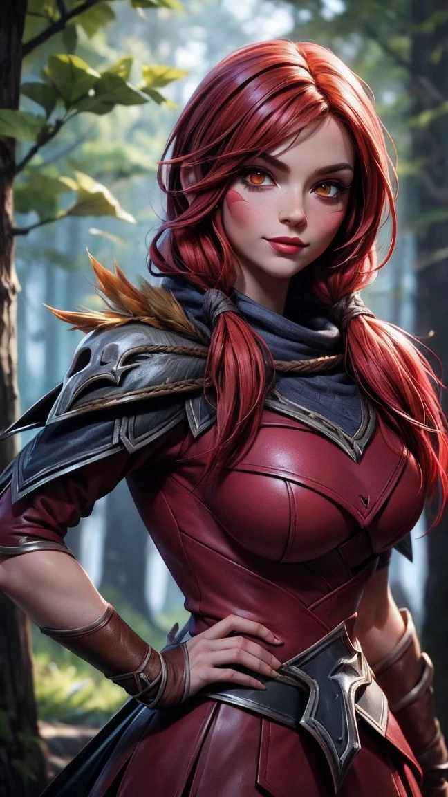 ((best quality)), ((Meisterwerk)), ((Xayah)), (League of legends), ((stehend)), erotischer Pose, (orange eyes), ((upper body)), Unreal Engine, realistisch, pretty, sexy, young girl, ((red Hair)), Halsband, medium breasts, professionelles Make-up, Cool, sonniger Tag, Tyndall-Effekt, Guter Ray, forrest in the background, draussen, hell, subtle smile,