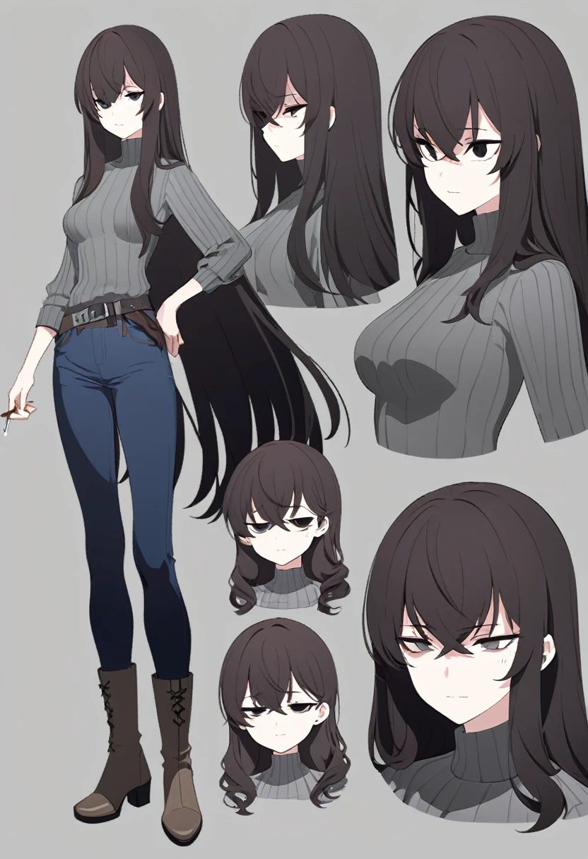 One Woman,Downer,older sister,Concept Art,Dark brown hair,Straight hair with slight inward curls,Staring eyes,Eye Ridge,black eye,Crossed bangs,whole body,smile,Slightly larger breasts,Gray background,Bangs that reach down to the eyes,Messy hair,Tight dark jeans,Gray turtleneck sweater,Multiple views of the same character,Character Design,Dark circles under the eyes,Bad look,Listless,Sloppy,Silver Jewelry,Cafe staff,Holding a cigarette,whole bodyCharacter Design,Detailed hands,Height: 170cm,boots,fleshy,