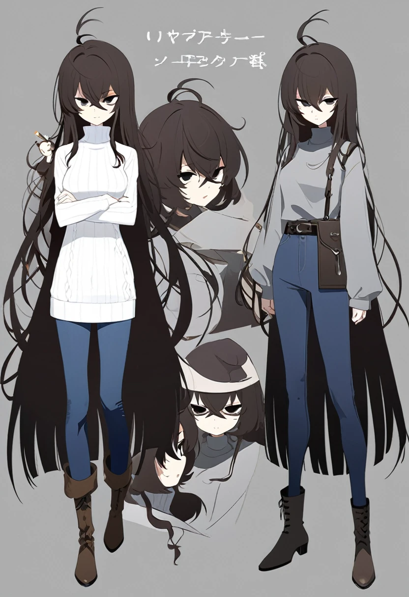 One Woman,Downer,older sister,Concept Art,Dark brown hair,Straight hair with slight inward curls,Staring eyes,Eye Ridge,black eye,Crossed bangs,whole body,smile,Slightly larger breasts,Gray background,Bangs that reach down to the eyes,Messy hair,Tight dark jeans,Gray turtleneck sweater,Multiple views of the same character,Character Design,Dark circles under the eyes,Bad look,Listless,Sloppy,Silver Jewelry,Cafe staff,Holding a cigarette,whole bodyCharacter Design,Detailed hands,Height: 170cm,boots,fleshy,