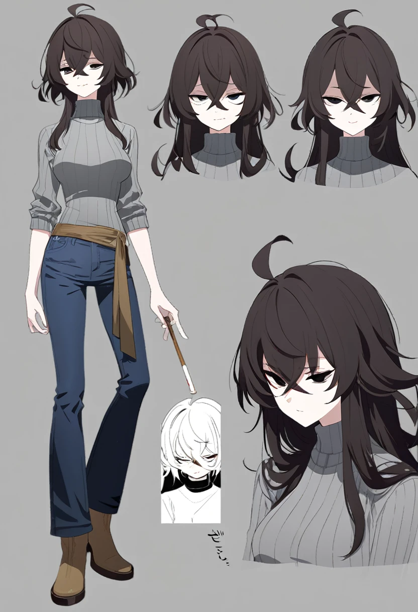 One Woman,Downer,older sister,Concept Art,Dark brown hair,Straight hair with slight inward curls,Staring eyes,Eye Ridge,black eye,Crossed bangs,whole body,smile,Slightly larger breasts,Gray background,Bangs that reach down to the eyes,Messy hair,Tight dark jeans,Gray turtleneck sweater,Multiple views of the same character,Character Design,Dark circles under the eyes,Bad look,Listless,Sloppy,Silver Jewelry,Cafe staff,Holding a cigarette,whole bodyCharacter Design,Detailed hands,Height: 170cm,boots,fleshy,