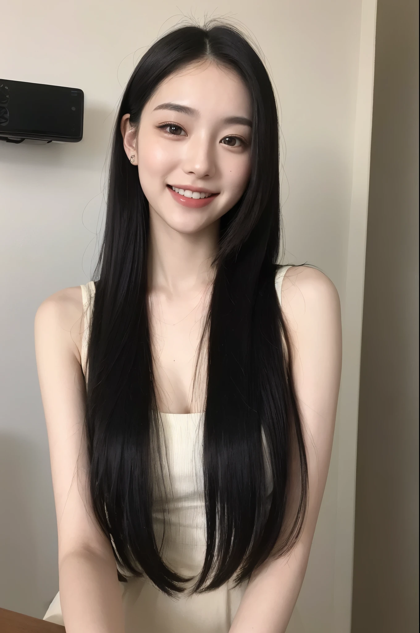 22-year-old girl, with gray eyes, pale white skin, slim figure, smiling, black hair, fashionable, photo taken with an ultra-realistic professional camera, this is a recording of a novel