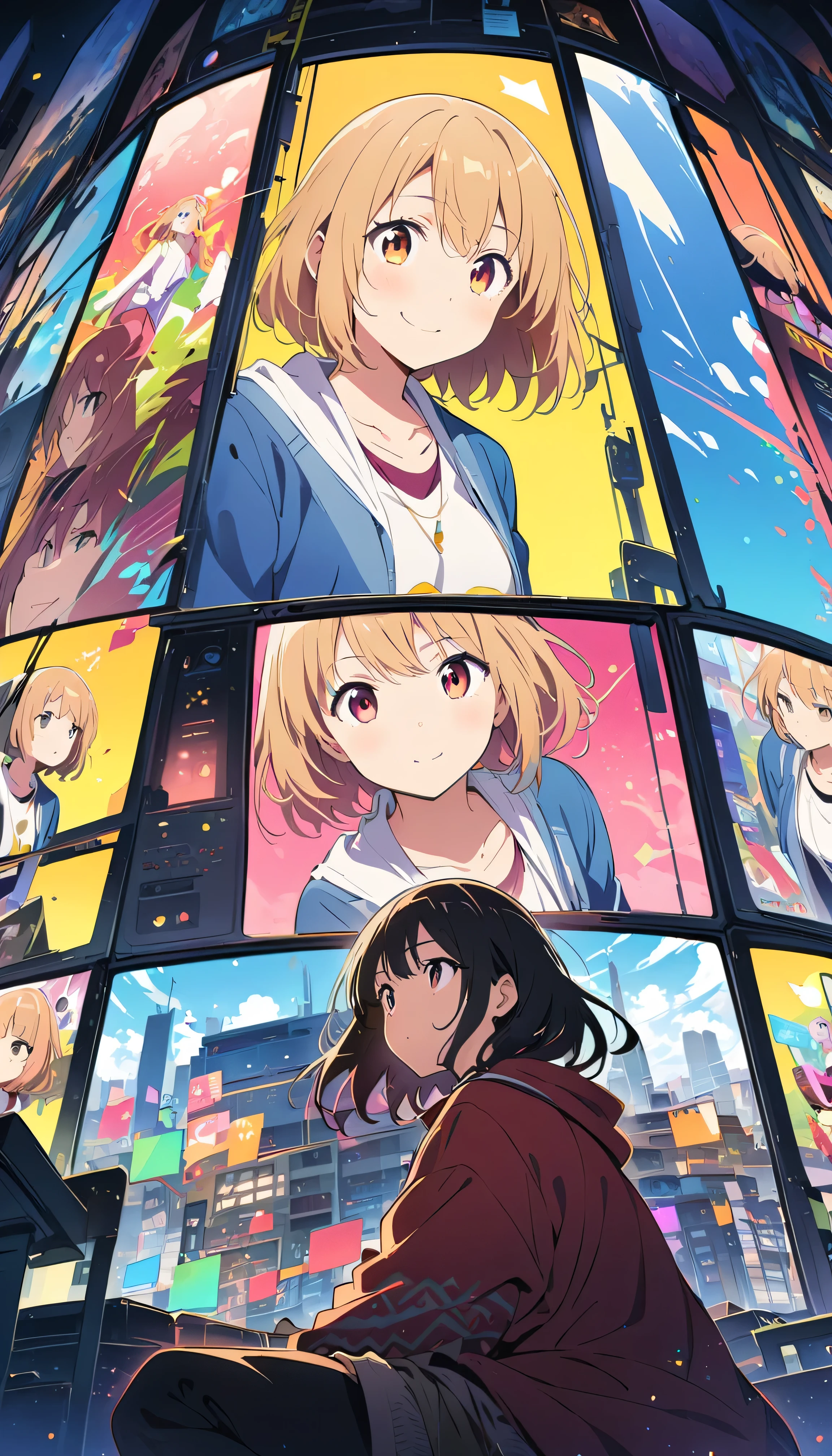 anime style, Ultra-fine illustrations, highly detailed, Dynamic Angle, beautiful detailed, 8k, In front of many CRT TVs, break various programs are being broadcasted. A woman stares at them, break smiling amidst the colorful scenes.(Highest quality、masterpiece、High resolution、detailed)anime style、Flat Style、(Shining Eyes、Beautiful Face),  break,Dynamic Angle、anime