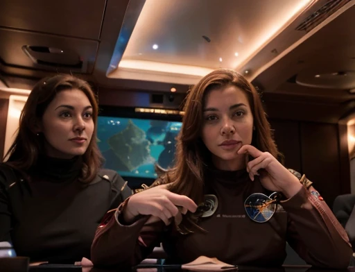 Uma linda mulher de cabelo vermelhos se aproxima do comandante da nave Para explicar, Astronaut Michael is inside the interplanetary ship talking, gesturing with his hands alongside other crew members in a meeting, modern living room setting of a ship.