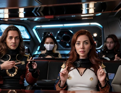 Uma linda mulher de cabelo vermelhos se aproxima do comandante da nave Para explicar, Astronaut Michael is inside the interplanetary ship talking, gesturing with his hands alongside other crew members in a meeting, modern living room setting of a ship.
