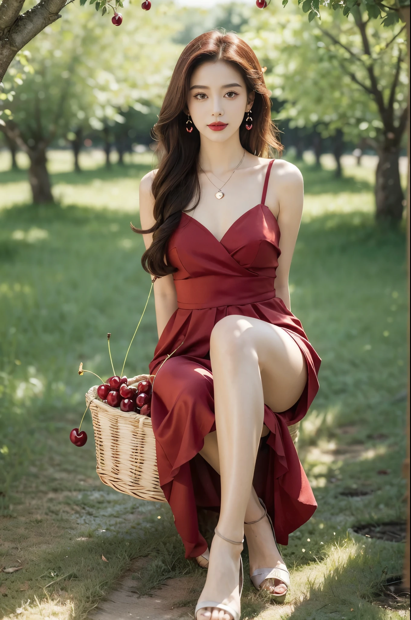 (((best quality))),(((ultra detailed))),(((masterpiece))),illustration,1 beautiful girl,solo,earrings,necklace,medium straight hair,slim,flat chest,red dress,summer,(cherry orchard full of red cherries:1.3),sunlight,dappled light,fair skin,smile,(ripest cherries on the trees:1.3),red lips,peaceful,summer breeze,hair fluttering,setting sun,radiant hue,beauty grace,basket,full body,slender legs,pantyhose,high heels,arms behind back