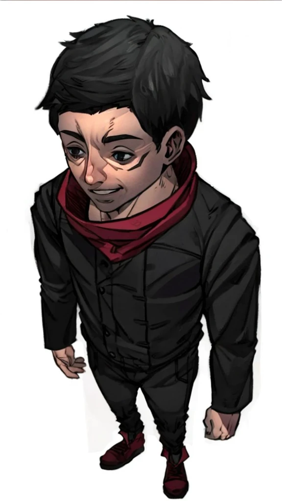 Um de 16 anoade com cabelos pretos brilhantes, Grandes olhos azuis, um pequeno sorriso alegre e seu rosto fino, vestindo um uniforme escolar. design de quadrinhos simples estilo 2d. Marvel and DC reference.