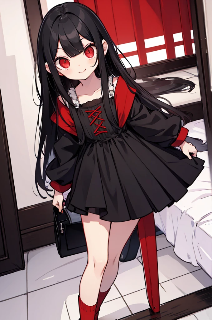 A kid, long straight black hair, long bangs, crimson red eyes, small, cute, short, background in a room, sweet smile and innocent