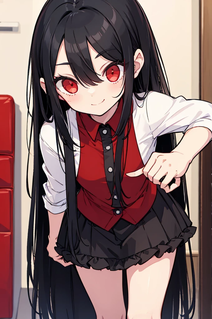 A , long straight black hair, long bangs, crimson red eyes, small, cute, short, background in a room, sweet smile and innocent