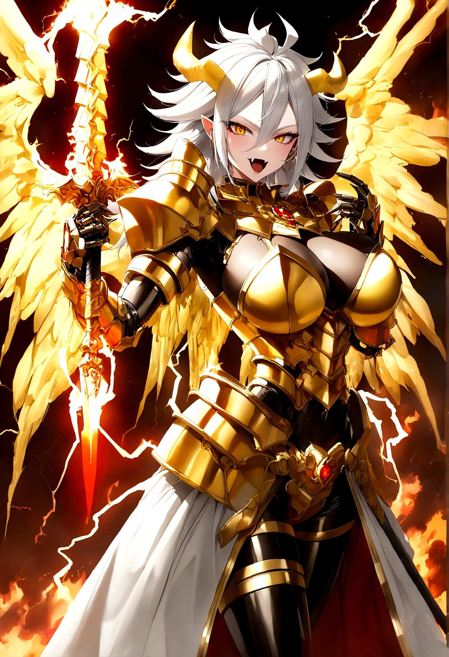 ((Lightning Power)), ((Electricity)), ((Fire Background)), ((Lightning Storm)), ((Power Erupting)),((((android 21 Evil)))), (((white Coat))), (((Busty))), (((((Big breast:1,3)))), luxury bustier corset, (((silver hair))), (((Very slim waist))), propotional body, ((Gorgeous)), (((gold wings))), masterpiece, hyperdetail, ambient effect, digital effect, (((Vampire Fangs))), (((FIRE SWORD)), (((Lightning Sword))), (((Fire Gold Armor))), (((Lightning Gold Wings))), (((Fire Blazing Horns)))
