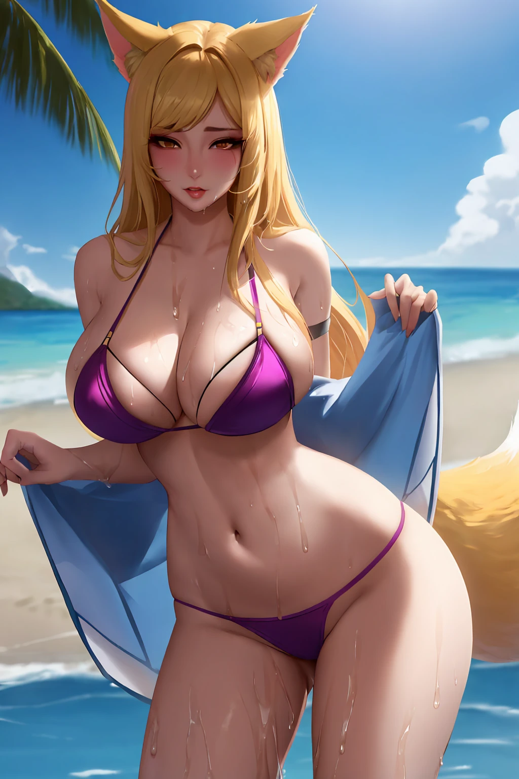 Ahri, lingerie, thin bikini, league of legends, Kda, kda Ahri, thick thighs, posing, beach, fox Ears, blonde Hair, busty, wide hips, big breasts , naughty, solo, wet, 