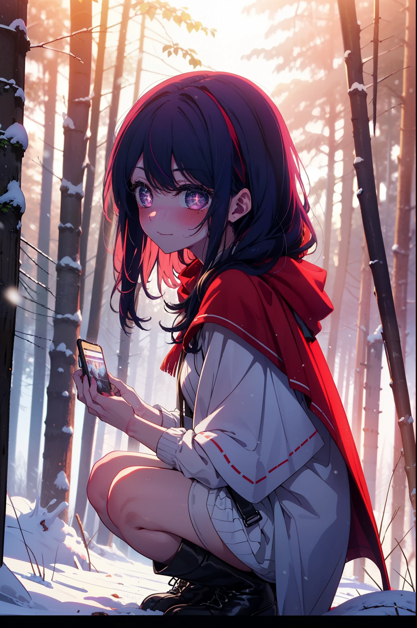 aihoshino, ai hoshino, Long Hair, bangs, (Purple eyes:1.1), Purple Hair, (Symbol-shaped pupil:1.5), smile,,smile,blush,White Breath,
Open your mouth,snow,Ground bonfire, Outdoor, boots, snowing, From the side, wood, suitcase, Cape, Blurred, , forest, White handbag, nature, Squat, Mouth closed, Cape, winter, Written boundary depth, Black shoes, red Cape break looking at viewer, Upper Body, whole body, break Outdoor, forest, nature, break (masterpiece:1.2), Highest quality, High resolution, unity 8k wallpaper, (shape:0.8), (Beautiful and beautiful eyes:1.6), Highly detailed face, Perfect lighting, Extremely detailed CG, (Perfect hands, Perfect Anatomy),