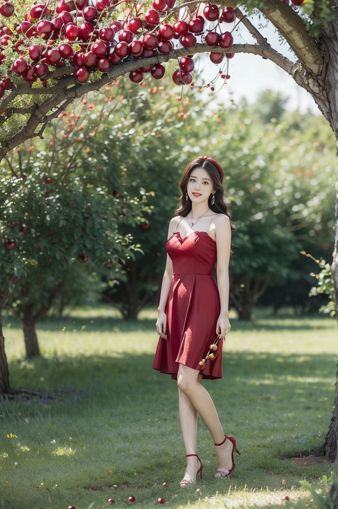 (((best quality))),(((ultra detailed))),(((masterpiece))),illustration,1 beautiful girl,solo,earrings,necklace,medium straight hair,slim,flat chest,red dress,summer,(cherry orchard full of red cherries:1.3),sunlight,dappled light,fair skin,smile,(ripest cherries on the trees:1.3),red lips,peaceful,summer breeze,hair fluttering,setting sun,radiant hue,beauty grace,basket,full body,slender legs,pantyhose,high heels,arms behind back
