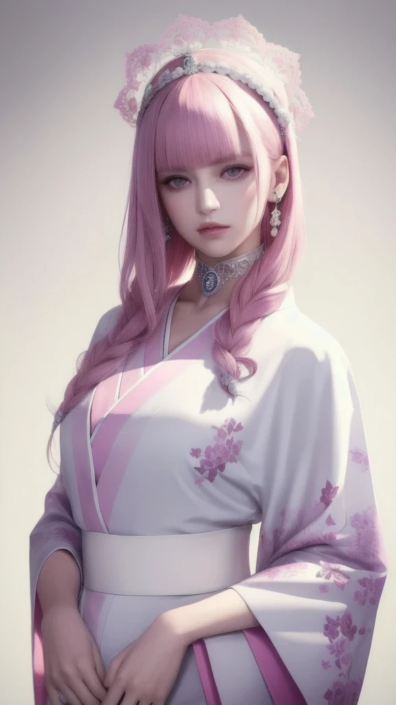 (masterpiece, top quality, 1 female, solo, exquisite details, chromatic aberration), (realistic), (skin), ((breath)), (silver hair, blunt bangs, long straight hair), exquisite hair, red headdress, blue highlights, hair over one eye, purple eyes, earrings, piercing eyes, ((pink and white kimono)), ((symmetrical eyes)), ((perfectly symmetrical body)), (pureerosface_v1:0.3), night, (((natural light))), backlit, grey wall, dim lighting, facing towards viewer, ((central shot, from the front, (face and waist))), mysterious atmosphere