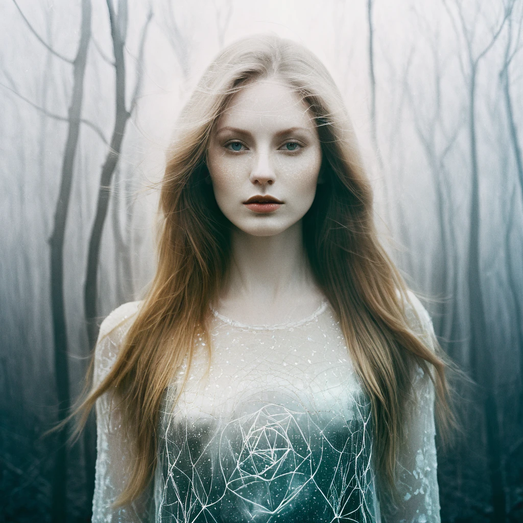 (Double Exposure Photography by Stanley Stellar and Josefa Pla Marco:1.2), award-winning photography, pale skin, evil slavic woman, long dark blond hair, upper body, aesthetic, dazzling atmosphere, atmospheric scattering, perfectly focused, f/22, symmetry and balance, artistic, infrared photography, outstanding details, (opal multi-color and opaque colors:0.1)