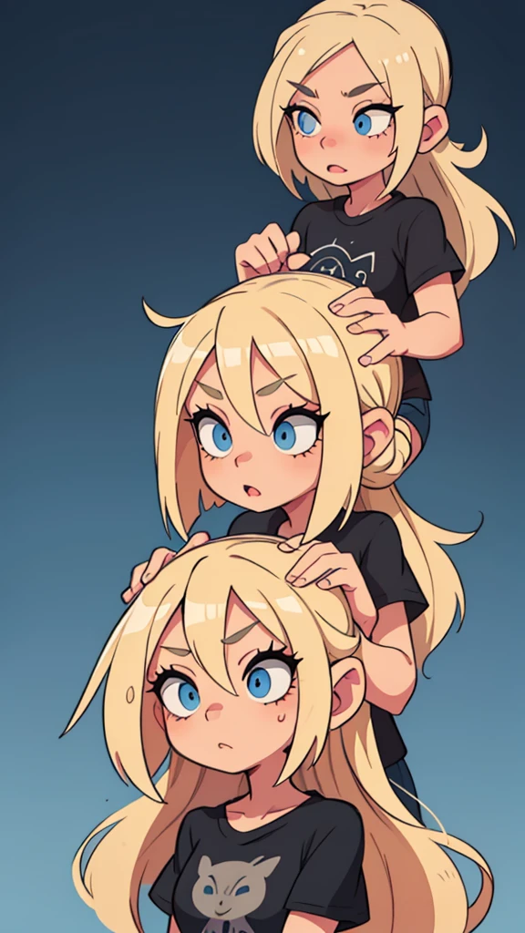 Blonde girl with hair reaching to her shoulder Blue eyes in a black T-shirt Gorgeous eyelashes
