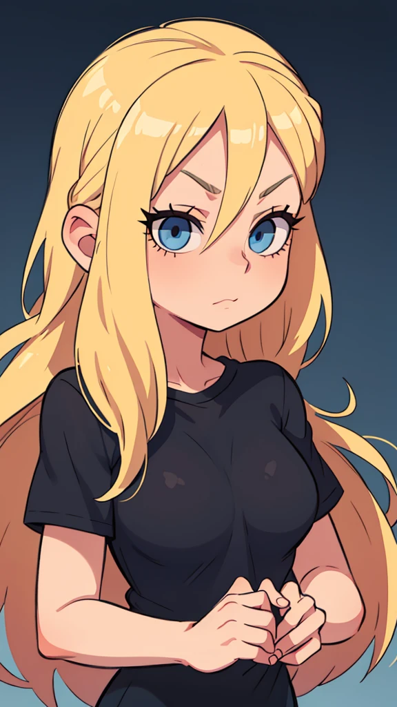 Blonde girl with hair reaching to her shoulder Blue eyes in a black T-shirt Gorgeous eyelashes 