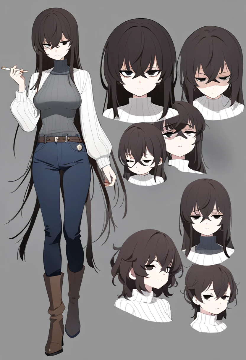 One Woman,Downer,older sister,Concept Art,Dark brown hair,Straight hair with slight inward curls,Staring eyes,Eye Ridge,black eye,Crossed bangs,whole body,smile,Slightly larger breasts,Gray background,Bangs that reach down to the eyes,Messy hair,Tight dark jeans,Gray turtleneck sweater,Multiple views of the same character,Character Design,Dark circles under the eyes,Bad look,Listless,Sloppy,Silver Jewelry,Cafe staff,Holding a cigarette,whole bodyCharacter Design,Detailed hands,Height: 170cm,boots,fleshy,