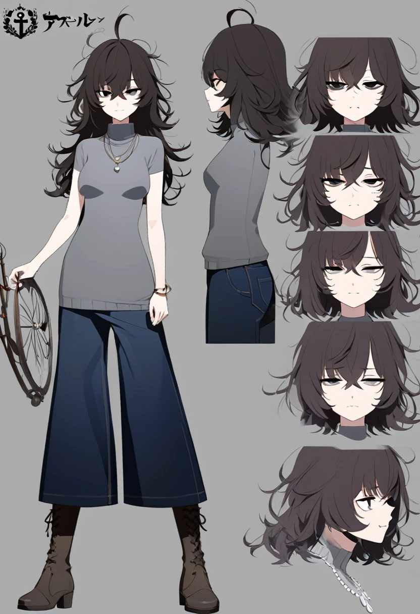 One Woman,Downer,older sister,Concept Art,Dark brown hair,Straight hair with slight inward curls,Staring eyes,Eye Ridge,black eye,Crossed bangs,whole body,smile,Slightly larger breasts,Gray background,Bangs that reach down to the eyes,Messy hair,Tight dark jeans,Gray turtleneck sweater,Multiple views of the same character,Character Design,Dark circles under the eyes,Bad look,Listless,Sloppy,Silver Jewelry,Cafe staff,Holding a cigarette,whole bodyCharacter Design,Detailed hands,Height: 170cm,boots,fleshy,