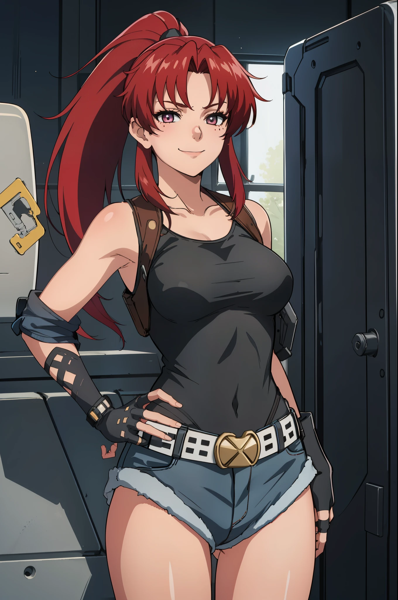 1girl, cute, sexy, red hair, cowboy shot, solo, revy, evil smile, holding gun, handgun, pistol, ponytail, tank top, fingerless gloves, denim shorts, holster, belt, newest