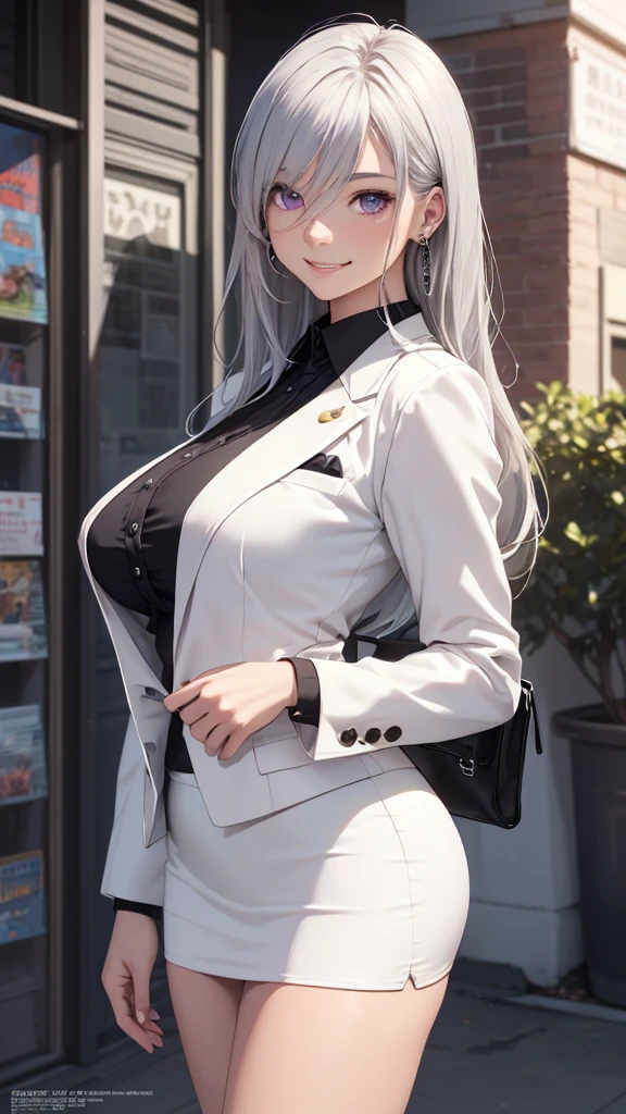 (masterpiece:1.2, top-quality), (realistic, photorealistic:1.4), beautiful illustration, (natural side lighting, movie lighting),
looking at viewer, cowboy shot, front view, 1 girl, japanese, high school girl, perfect face, cute and symmetrical face, shiny skin, babyface,
(long hair, straight hair, silver hair), hair between eyes, purple eyes, (middle breasts, seductive thighs, big ass), piercings,
beautiful hair, beautiful face, beautiful detailed eyes, beautiful clavicle, beautiful body, beautiful chest, beautiful thigh, beautiful legs, beautiful fingers,
((long sleeves, white collared shirt, black suit jacket, black pencil mini skirt), id card, strap, black high heels),
(beautiful scenery), evening, park, walking, (lovely smile, upper eyes), big tits, ((high resolution face))