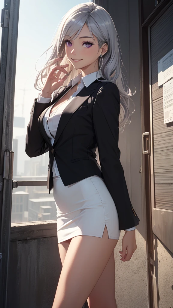 (masterpiece:1.2, top-quality), (realistic, photorealistic:1.4), beautiful illustration, (natural side lighting, movie lighting), 
looking at viewer, cowboy shot, front view, 1 girl, japanese, high school girl, perfect face, cute and symmetrical face, shiny skin, babyface, 
(long hair, straight hair, silver hair), hair between eyes, purple eyes, (middle breasts, seductive thighs, big ass), piercings, 
beautiful hair, beautiful face, beautiful detailed eyes, beautiful clavicle, beautiful body, beautiful chest, beautiful thigh, beautiful legs, beautiful fingers, 
((long sleeves, white collared shirt, black suit jacket, black pencil mini skirt), id card, strap, black high heels), 
(beautiful scenery), evening, park, walking, (lovely smile, upper eyes), big tits, ((high resolution face))
