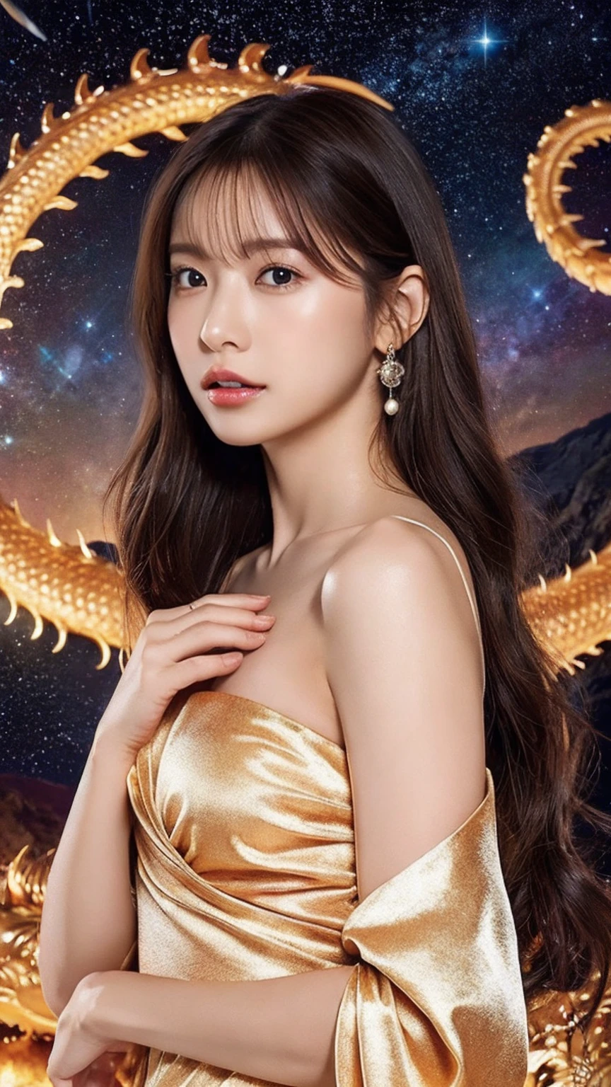 (masterpiece:1.2), Super detailed, Ultra-high resolution, (Realistic, photo Realistic:1.37), High-definition RAW color photos, Professional photos, Highly detailed face, Very fine grain, Highly detailed skin, Highly detailed fingers, Highly detailed nose, Highly detailed mouth, Perfect Anatomy, Highly detailed background, (Famous Japanese actresses:1.2), (Improve:1.3), (Flat Chest:1.2), Brown people, Dark Skin, This painting is、It depicts a woman standing next to a dragon。, The background is an incomparably vast starry sky, A cloth robe inspired by a dragon with little fabric., Dragon Girl, Dragon in the background, Golden Dragon, Underarm,