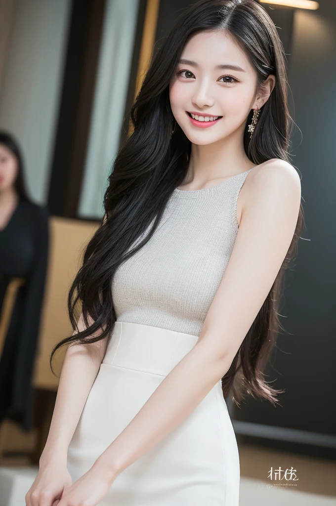 a beautiful 22-year-old girl with gray eyes, pale white skin, slim figure, smiling, long black hair, fashionable outfit, high quality photo taken with an ultra-realistic professional camera, photorealistic, 8k, highly detailed, warm lighting, cinematic composition, elegant, serene, captivating expression