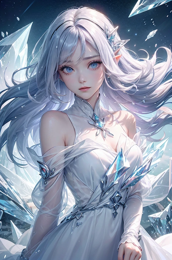 (masterpiece、Highest品質、Highest、Official Art、Beautiful and aesthetic、Long Exposure:1.2)、Smooth movement、Attractive patterns、One Girl、(Long dress with sleeves:1.3)、(((White clothes)))、Upper body close-up、Exposing shoulders、Korean Girls、smile、Light purple long hair、Portraiture、solo、Upper body、Looking at the observer、Detailed Background、Detailed face、(Crystallized AI、Crystal Theme:1.1)、Elemental Wind Elf、回転Wind、 Wind、White crystal clothes、Off the shoulder、Dynamic pose、Suspended particles、Aether Dynamics、旋Wind、vapor、背景に旋Wind、White Tone、旋Wind、Ethereal atmosphere、
