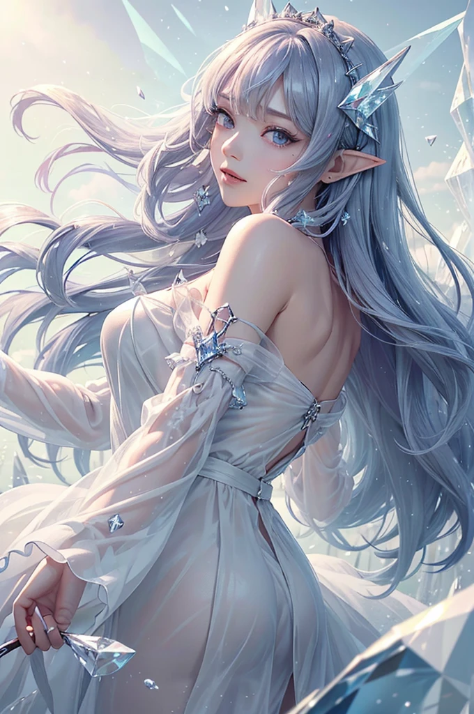 (masterpiece、Highest品質、Highest、Official Art、Beautiful and aesthetic、Long Exposure:1.2)、Smooth movement、Attractive patterns、One Girl、(Long dress with sleeves:1.3)、(((White clothes)))、Upper body close-up、Exposing shoulders、Korean Girls、smile、Light purple long hair、Portraiture、solo、Upper body、Looking at the observer、Detailed Background、Detailed face、(Crystallized AI、Crystal Theme:1.1)、Elemental Wind Elf、回転Wind、 Wind、White crystal clothes、Off the shoulder、Dynamic pose、Suspended particles、Aether Dynamics、旋Wind、vapor、背景に旋Wind、White Tone、旋Wind、Ethereal atmosphere、