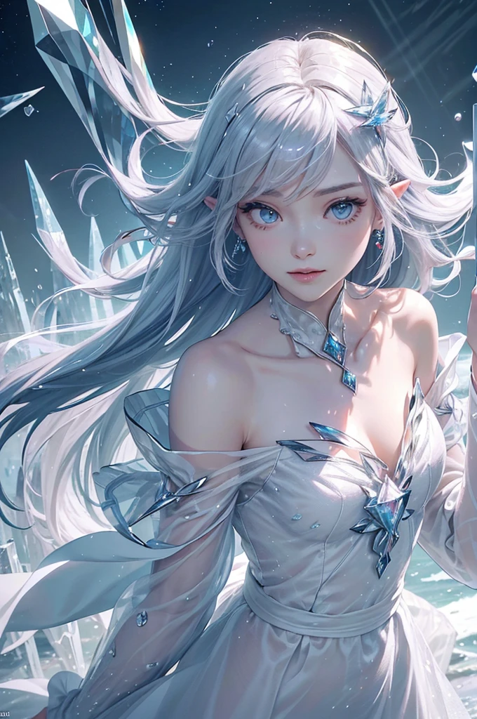 (masterpiece、Highest品質、Highest、Official Art、Beautiful and aesthetic、Long Exposure:1.2)、Smooth movement、Attractive patterns、One Girl、(Long dress with sleeves:1.3)、(((White clothes)))、Upper body close-up、Exposing shoulders、Korean Girls、smile、Light purple long hair、Portraiture、solo、Upper body、Looking at the observer、Detailed Background、Detailed face、(Crystallized AI、Crystal Theme:1.1)、Elemental Wind Elf、回転Wind、 Wind、White crystal clothes、Off the shoulder、Dynamic pose、Suspended particles、Aether Dynamics、旋Wind、vapor、背景に旋Wind、White Tone、旋Wind、Ethereal atmosphere、