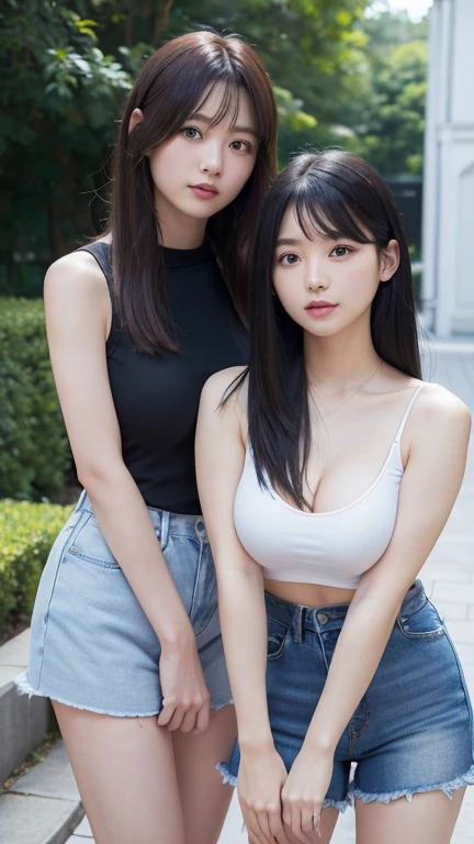((Highest quality)), ((masterpiece)), (detailed),((Perfect Face))、((Perfect body))、((Two beauties))、((The two of them bend over and look at me.))、((Both of them looking up))、((big breast:1.2))、8K,Realistic、Realistic、High definition、high resolution、Real、Korean、Outdoor、blue sky、summer、Very white skin、21 years old、smile、A good friend、Heavy makeup、Light blue sleeveless shirt、Black off-the-shoulder outfit、Short denim pants、White flared skirt、Jet Black Hair、Straight Hair、long hair