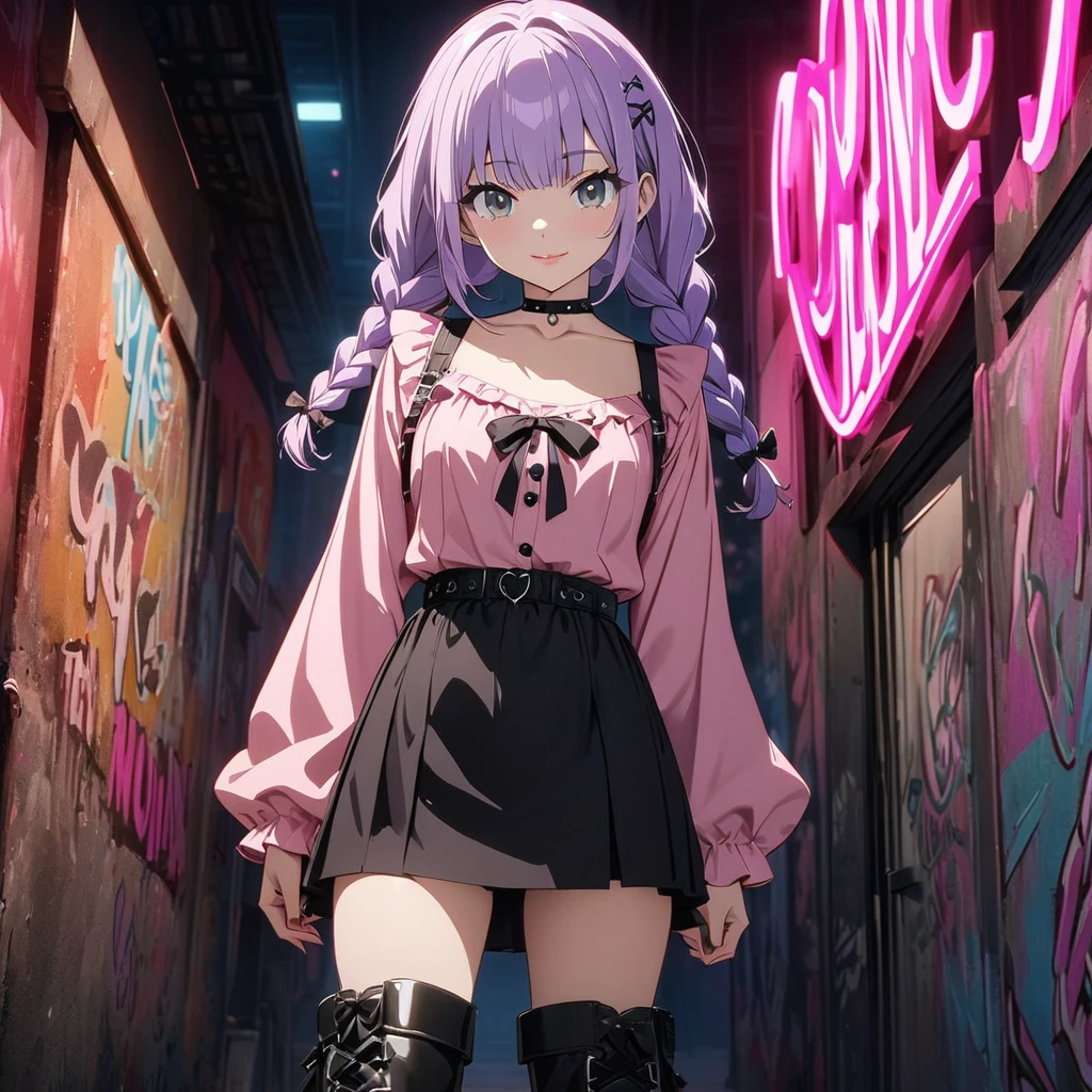 a masterpiece, beautiful eyes, a beautiful face, beautiful depiction, details, solid blue Skyscrapers background, ultra detailed, 8K, Dark blue night sky, (a girl with closs hair pin,pale purple hair,wavy two braids,bluntbangs hair,green and black eyes,
pink shirt,cosplay, jirai kei, bangs, black skirt, black bow, looking at viewer, bow, long sleeves, choker, ribbon,pink lips,Thick-soled boots,fullbody shot :1.4),boots focus,
(masterpiece:1.3), anime visual, small breast,slim,The Moulin Rouge in Paris, mysterious pink light, a slightly dark room,look at viewer,smiling, full body shot, A starry sky, a gentle smile, Graffiti art, dimly lit underpass, light coming from behind her, look at viewer, Wearing black jumpsuit with top off, black sports bra, smiling at the camera, black baseball cap, black sneakers,
New York slums, belly button,